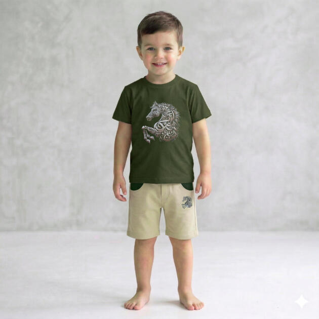 Horse T-shirt & short [ Olive Green ]